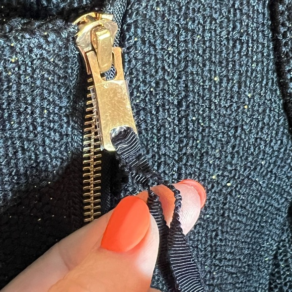 Ann Taylor Black Gold Metallic Asymmetrical Zip Wool Blend 3/4 Sleeve Jacket, 14 - Picture 4 of 13